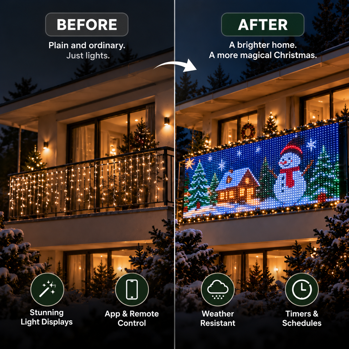 Illustrative comparison of ordinary string lights and animated Christmas LED pixel curtain lights