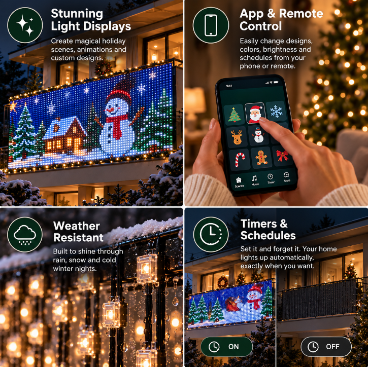 Illustrated LED curtain features including app and remote control, holiday patterns and timers