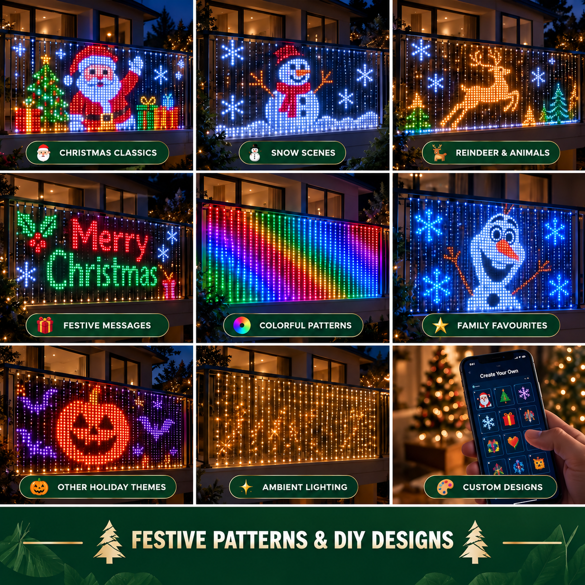Illustrative holiday scenes, colorful patterns, festive messages and DIY app designs