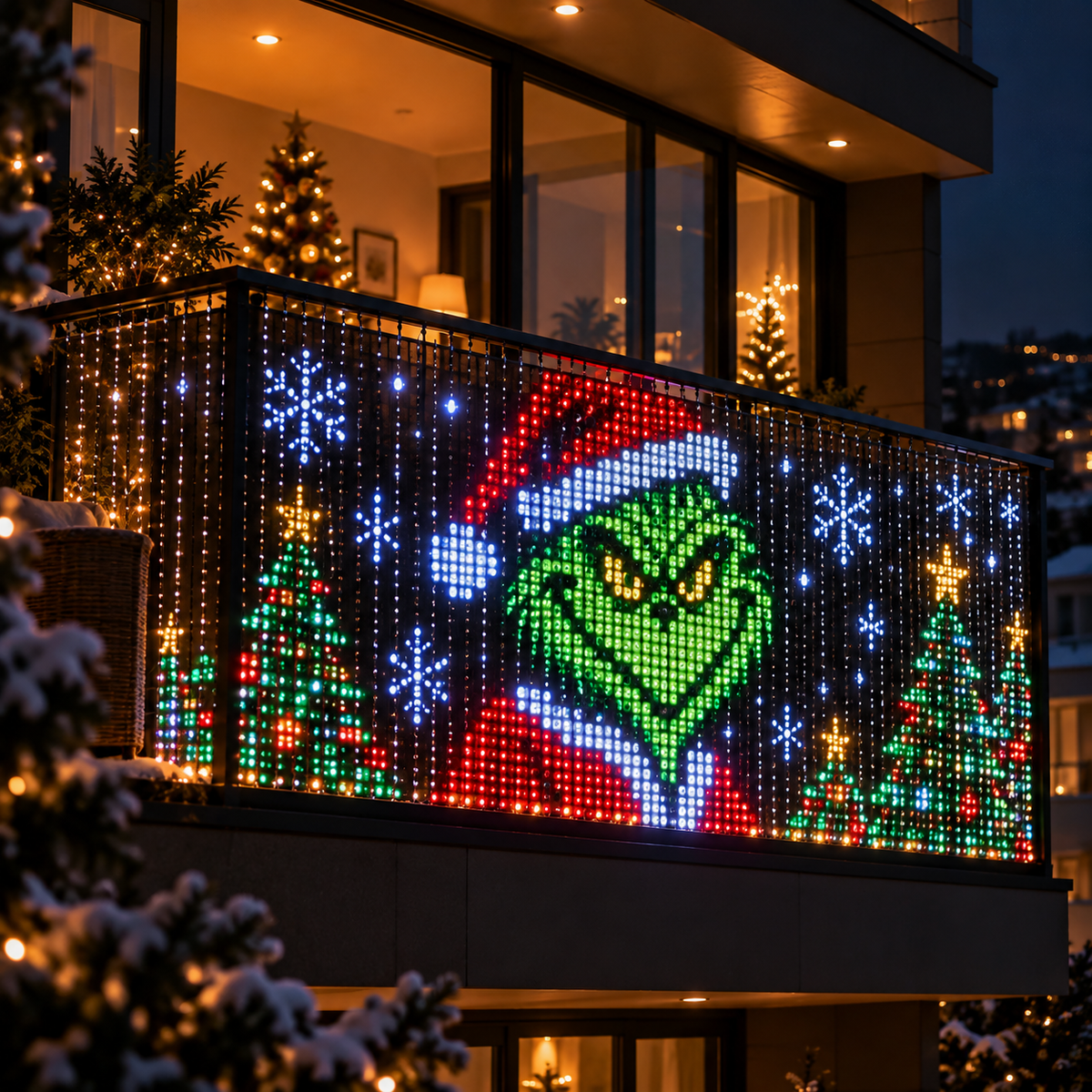 Illustrative colorful Christmas pixel curtain lighting on a balcony