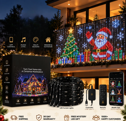 Illustrative balcony display with Santa, Christmas tree and colorful LED pixel curtain lights
